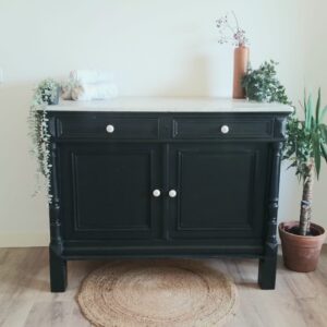 Vintage badkamermeubel dressoir commode zwart met wit marmeren blad