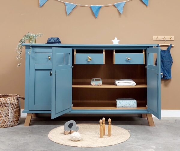 Vintage grote commode blauw speelgoedkast dressoir