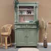 vintage brocante buffetkast servierskast woonkamerkast olijfgroen vitrinekast