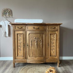 Vintage houtkleur eiken commode met marmeren blad
