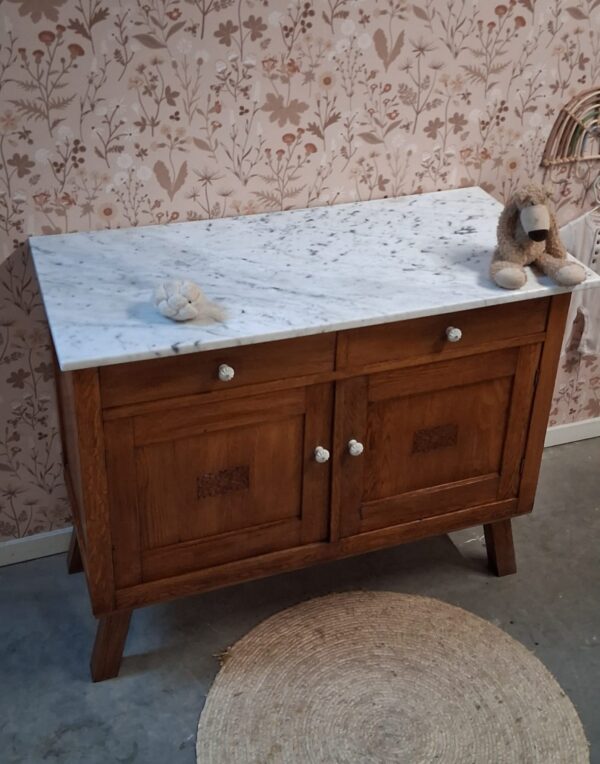 Vintage houten commode met wit marmerenblad dressoir 'Vince'