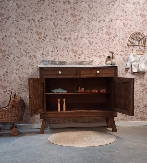 WhatsApp Image 2026-03-13 at 23.07.47 (4) Vintage houtkleur commode met wit marmerenblad